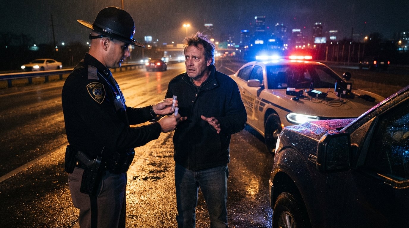 State trooper holds a clear plastic collection tube toward an anxious driver beside a pickup truck during a nighttime…