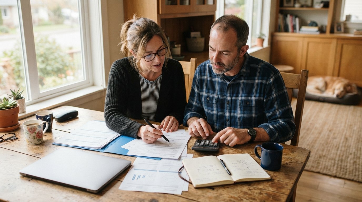 Middle-aged couple at a wooden table comparing life insurance paperwork with a calculator, pen, and notebook