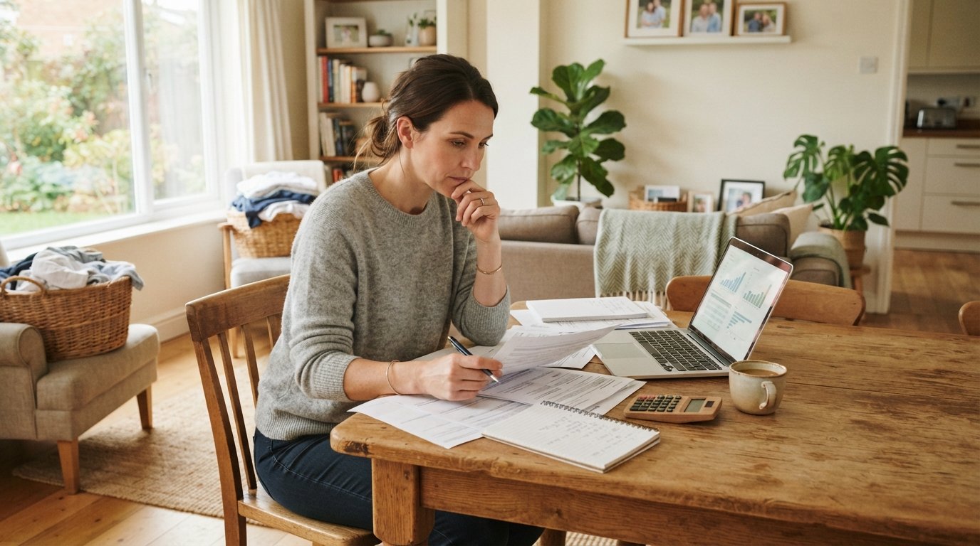Parent in casual clothes reviews insurance paperwork with laptop, notebook, and calculator at a sunlit wooden table,…