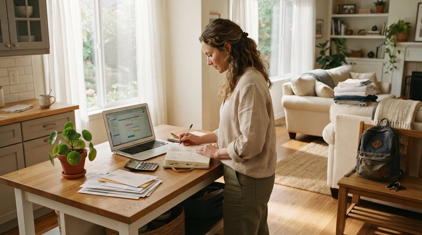 Stay at home parent in casual clothes stands at a kitchen island with a planner, laptop, calculator, stacked bills, and a…