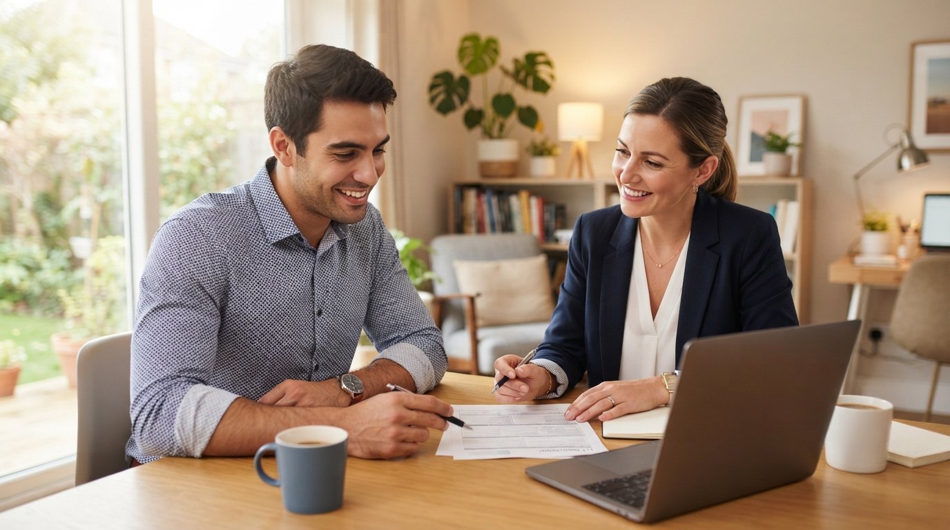 Young man in a button-up shirt sitting at a kitchen table with a female insurance agent, reviewing paperwork beside a…