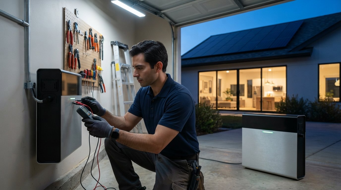 Installer in navy polo uses a digital multimeter to check a wall-mounted home battery unit in a garage, with a second unit…