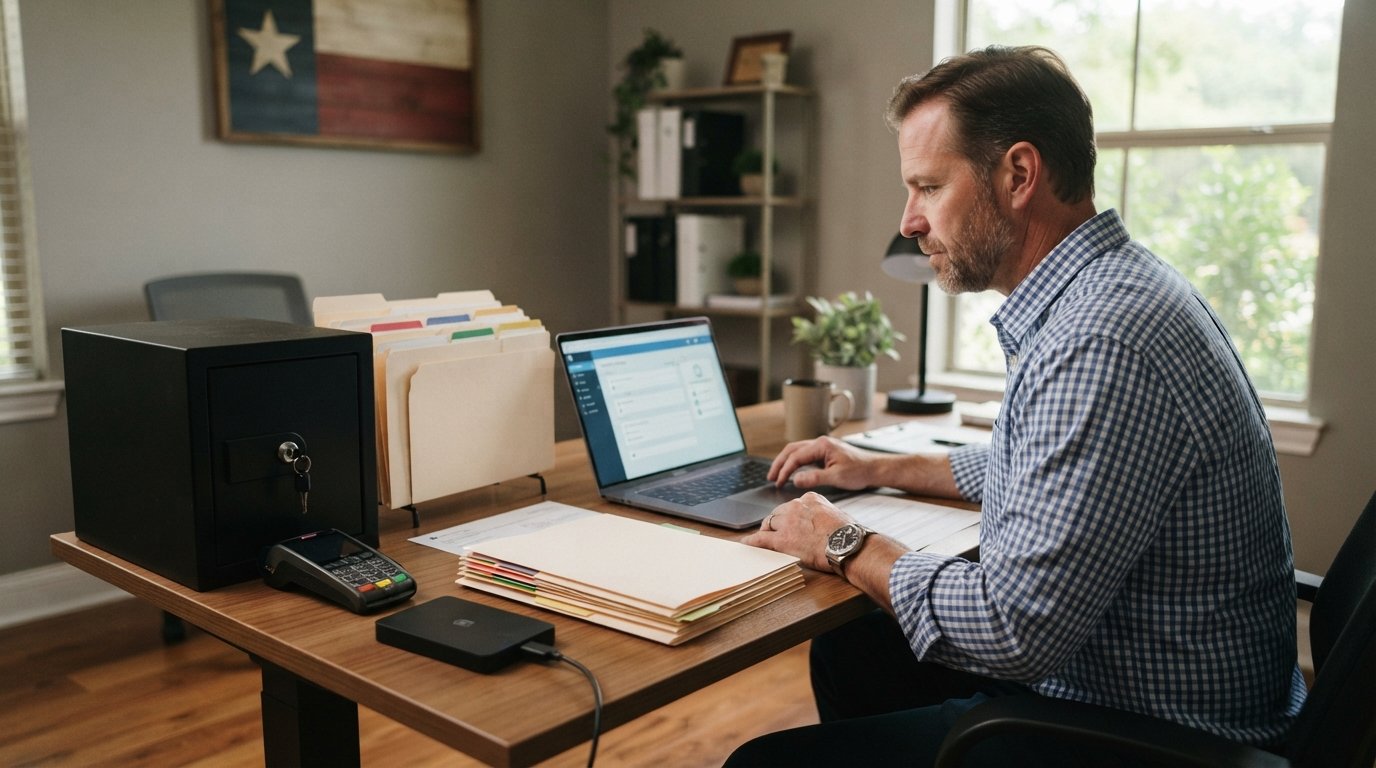 Business owner in a button-down shirt reviews a laptop showing a secure customer records system at a desk with a locked…