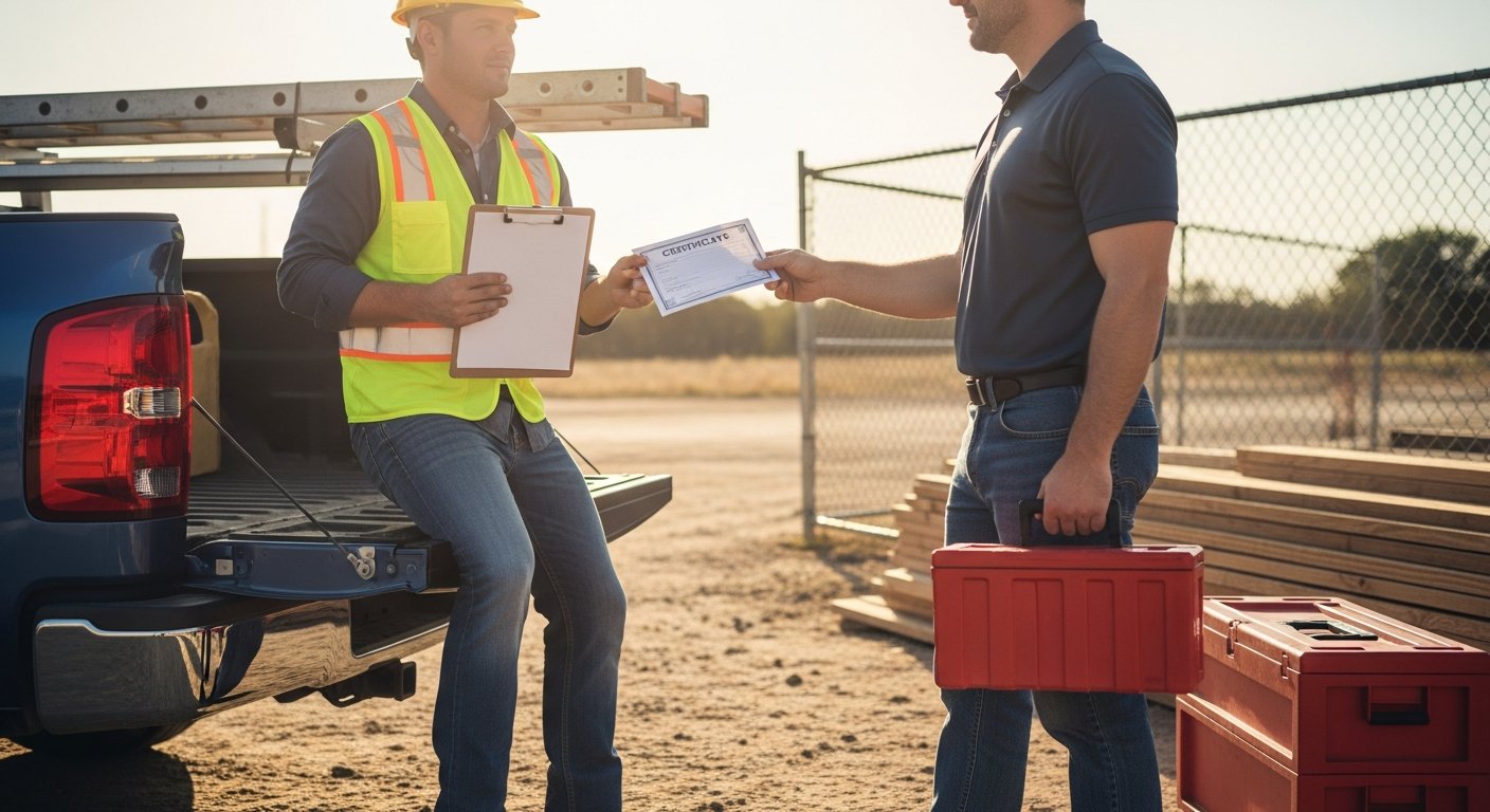 Contractor in hard hat and reflective vest holding clipboard and handing printed certificate to client near pickup truck on…