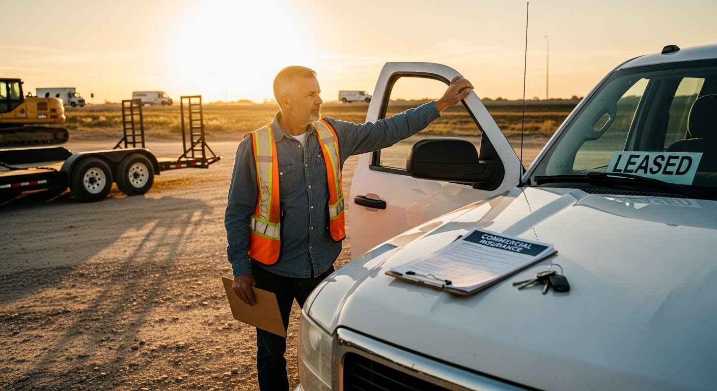 Texas construction foreman in safety vest reviews rental agreement beside leased white pickup truck at dusty worksite.