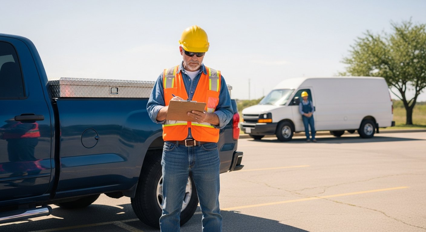 A contractor in a safety vest and denim shirt reviews a clipboard beside a hail-dented work truck in a sunny Texas parking…