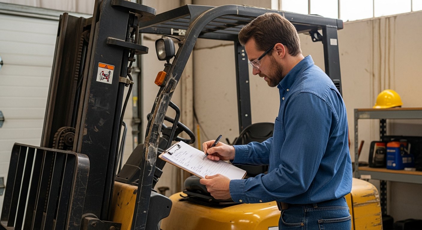 Business owner in denim shirt photographs a damaged forklift in a sunlit industrial workshop with a clipboard nearby