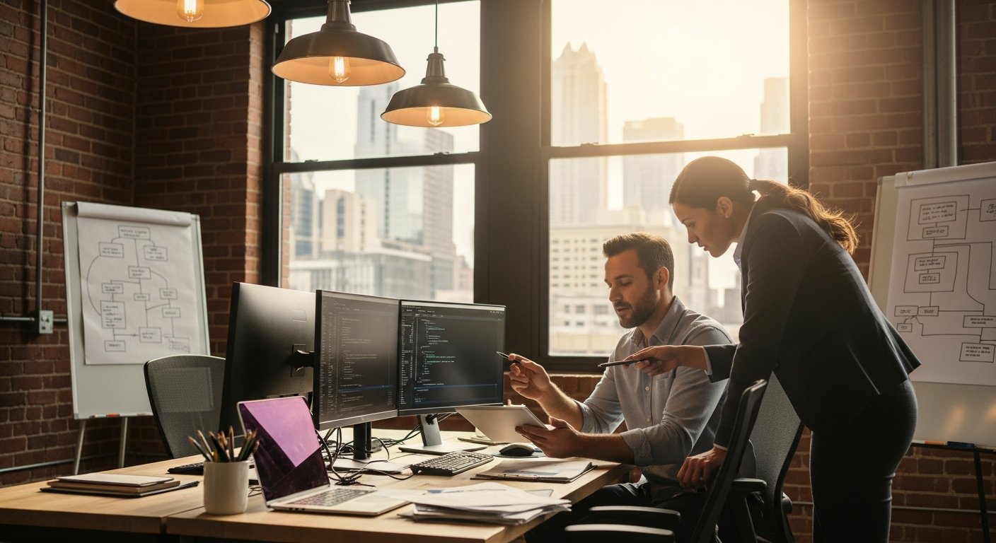 Two professionals review tablet and documents on a wooden desk in a sunlit Austin office with dual monitors showing code…