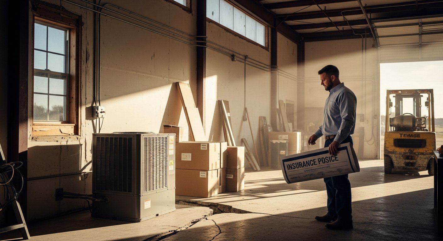 Business owner in a workshop holding an insurance document while examining a large crack in the concrete floor near stacked…