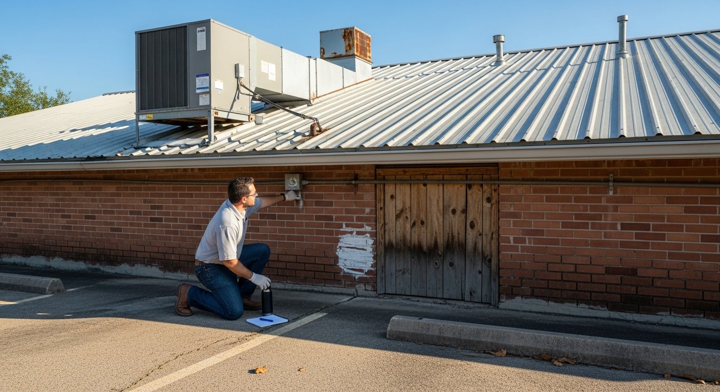 Insurance inspector with clipboard and hard hat examines weathered brick commercial building with arched windows and…