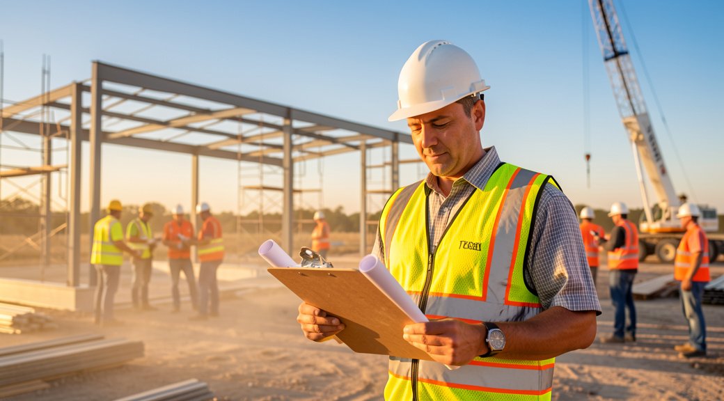 Contractor in hard hat and safety vest reviewing blueprints at a sunlit steel construction site in Texas