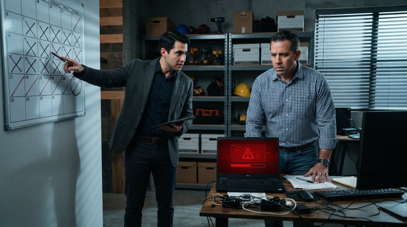 Small-business owner in a checked shirt stares at a laptop with a red warning alert while a cybersecurity consultant points…