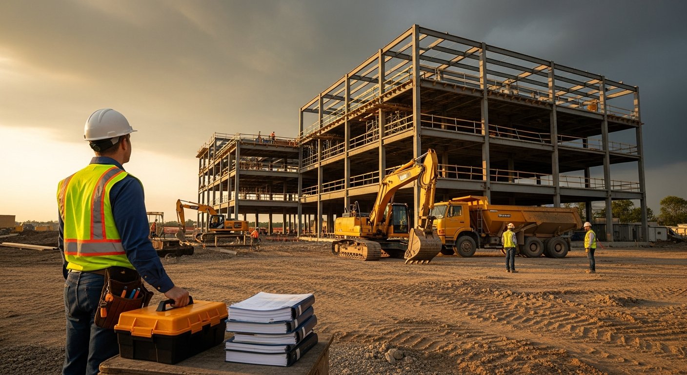 Hispanic site supervisor in hi-vis vest and hard hat stands with arms crossed before heavy machinery and a Houston skyline…