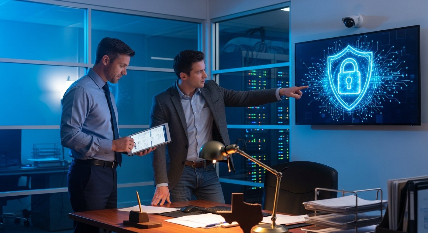Texas business owner and IT specialist reviewing a digital security dashboard on a wall monitor in a modern office