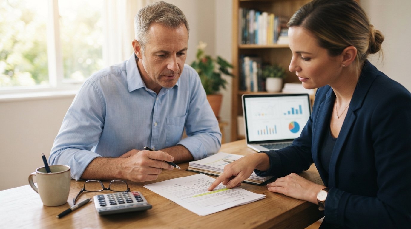 Man in a light blue shirt reviews a printed loan agreement at a wooden desk while a woman points to a highlighted section,…