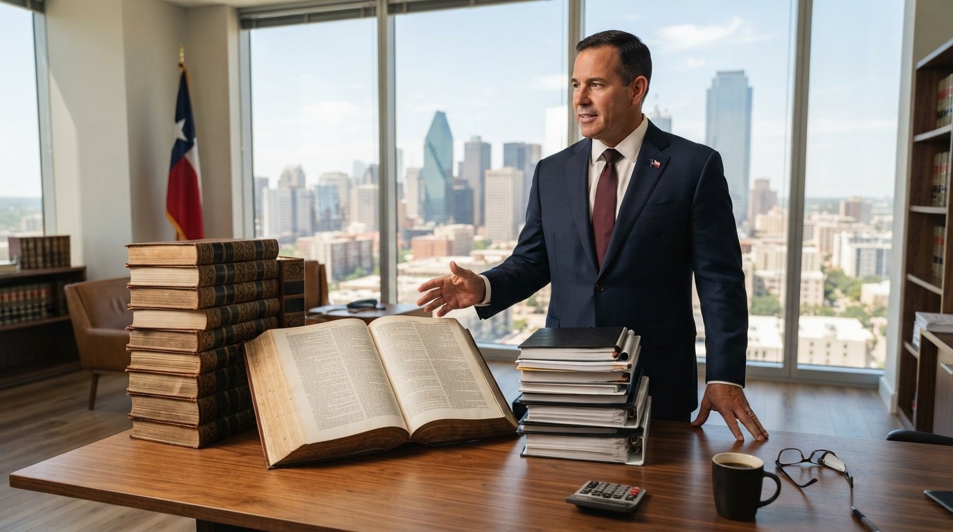 Texas business owner in suit gesturing toward law books and administrative handbooks beside open legal volume on desk
