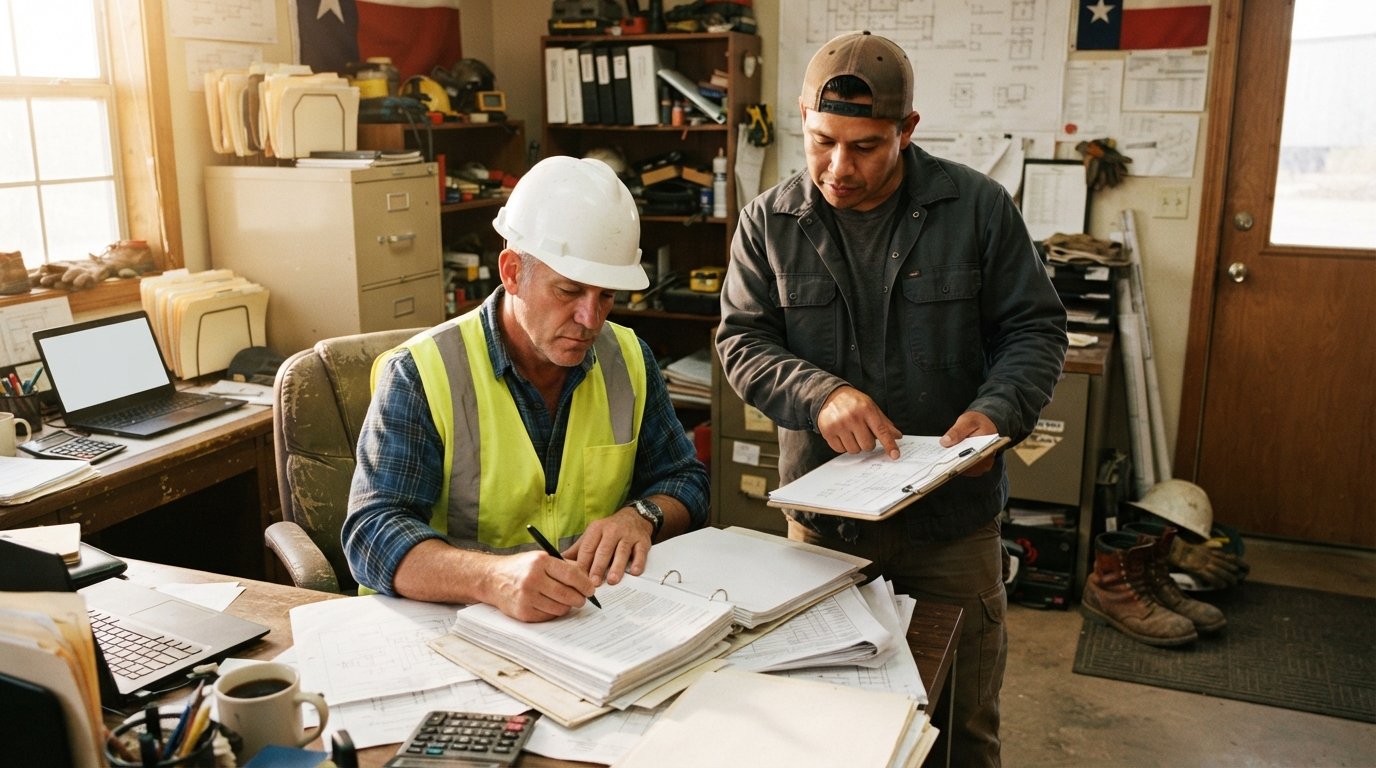 Construction business owner in a hard hat and safety vest reviews paperwork at a desk while a shop foreman points at a…