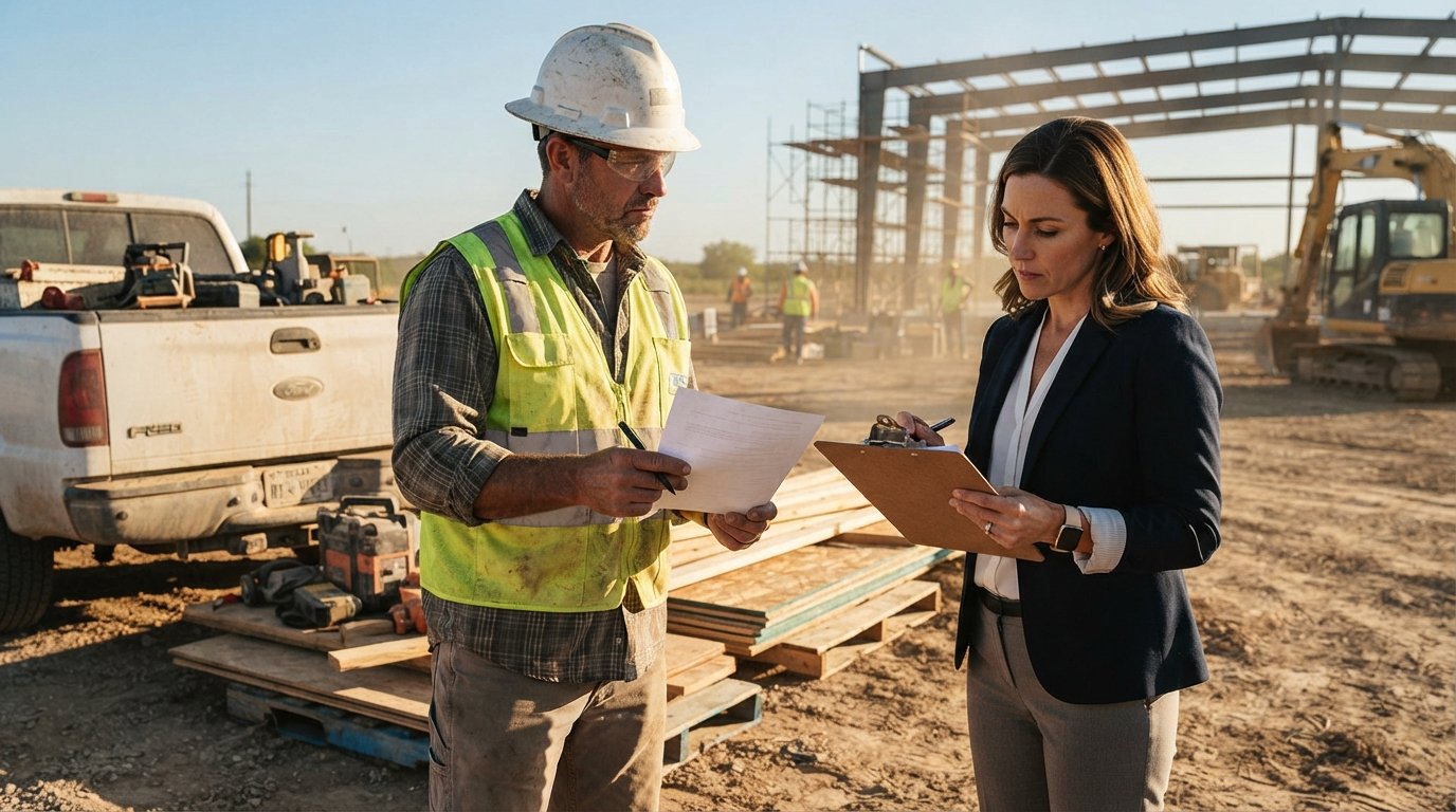 Contractor in hard hat and vest holding a termination document while an insurance agent reviews a clipboard at a sunny…