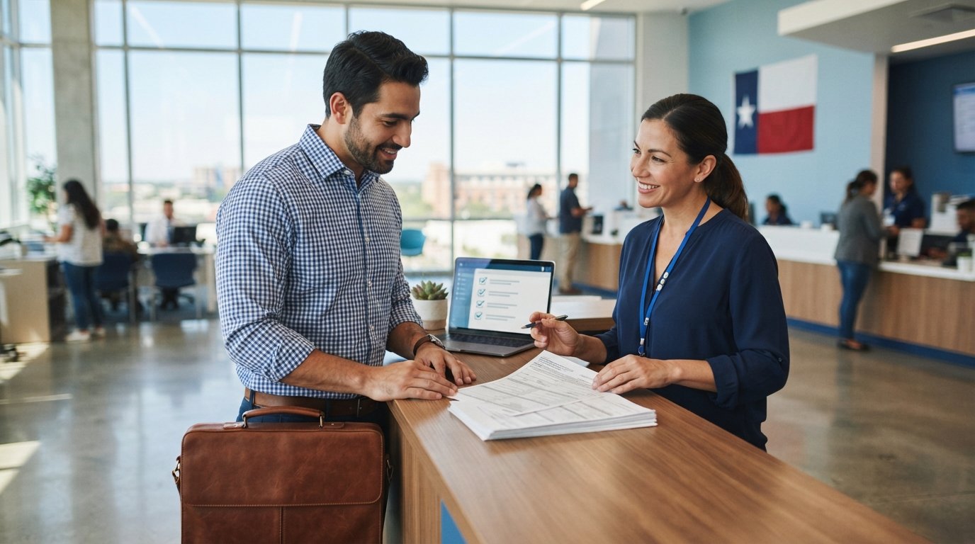 Business owner in button-up shirt reviews registration forms with a clerk at a bright government office counter, Texas flag…