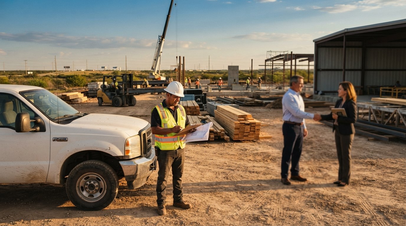 Hispanic site supervisor in white hard hat and reflective vest reviews a clipboard beside a work truck and stacked lumber…