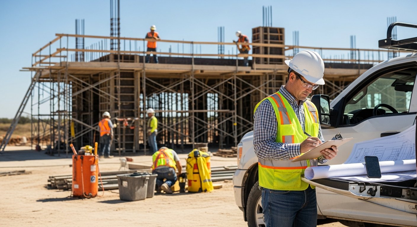 Construction site manager in hard hat and reflective vest reviews a clipboard beside a pickup truck, with workers and…