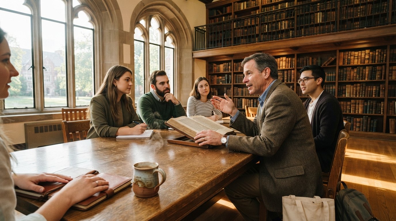 Graduate theology students and a professor discuss an open manuscript around a wooden table in a sunlit campus library