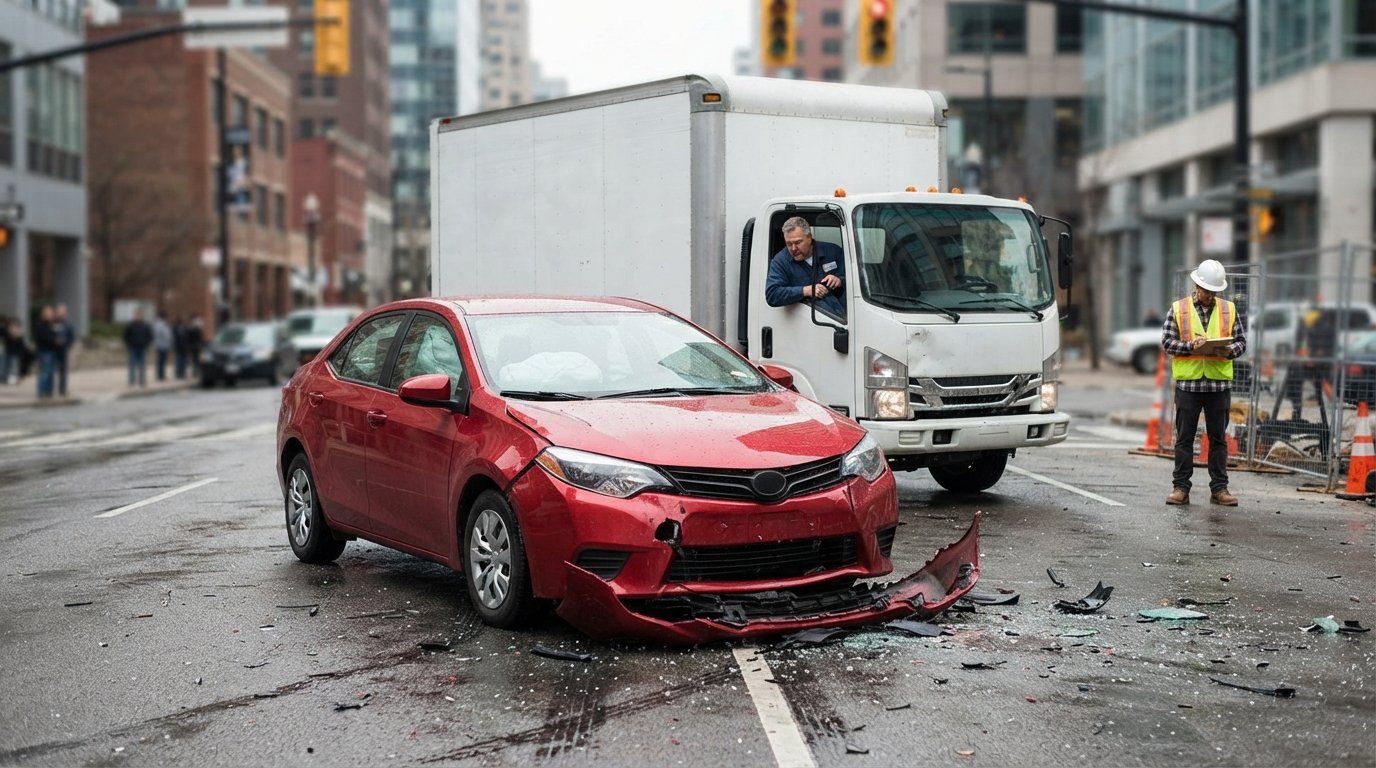 Crashed red sedan with shattered bumper and deployed airbags at a wet city intersection, a delivery truck behind it, and a…