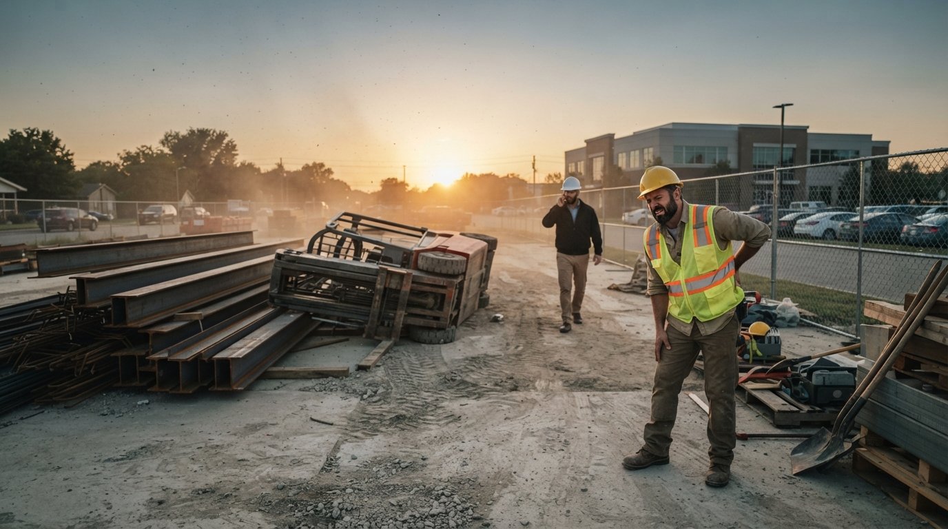 Worker in yellow hard hat holding his lower back near an overturned forklift on a construction site at sunset
