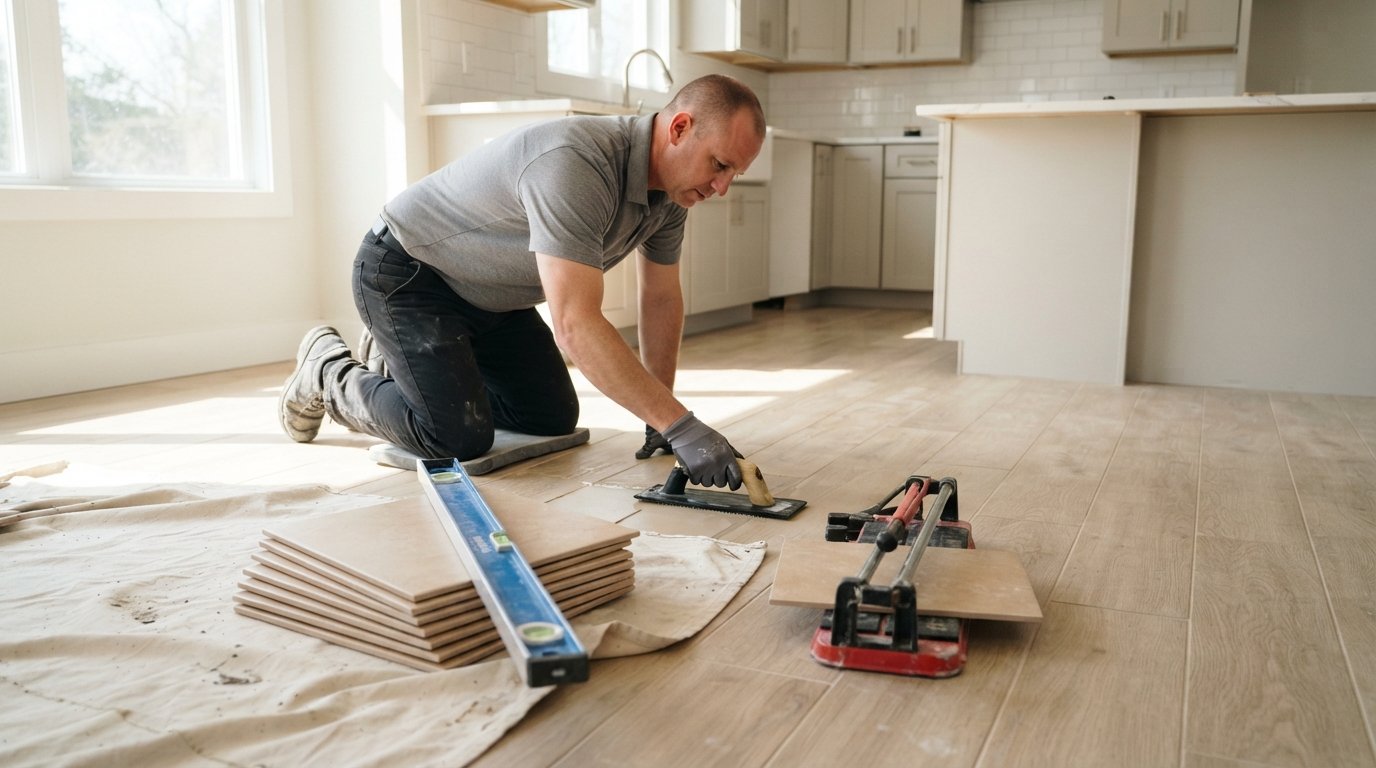 Contractor in gray polo kneeling on porcelain wood-look tile floor, applying grout with rubber float in sunlit kitchen