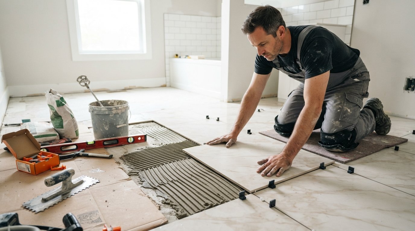 Tile installer in gray work clothes pressing a large porcelain tile into wet thinset mortar on a bathroom floor, with a…