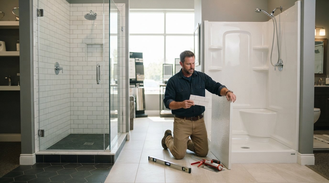 Contractor kneeling between a tiled walk-in shower with white subway tile and a white acrylic prefab shower surround,…