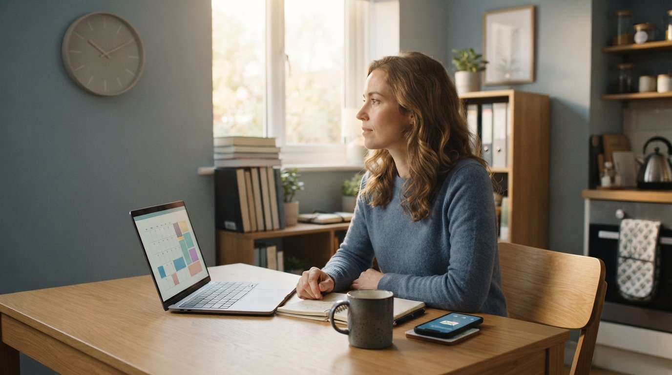 Woman in her early 30s at a kitchen table with a laptop, notebook, and coffee, reviewing a calendar while a wall clock and…