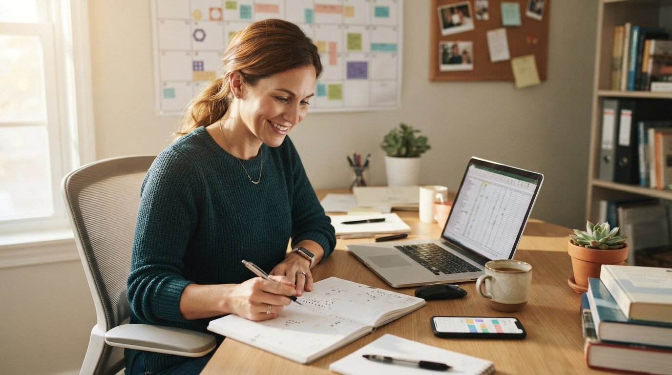 Woman in her 30s at a tidy home office desk reviewing a paper planner and laptop, with a smartphone and coffee mug nearby