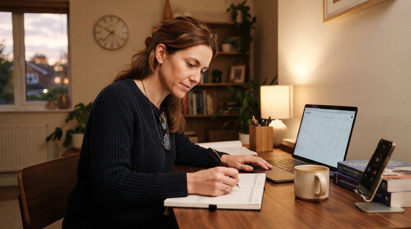 Adult learner in casual business attire writing in a paper planner at a home desk with an open laptop, coffee mug,…