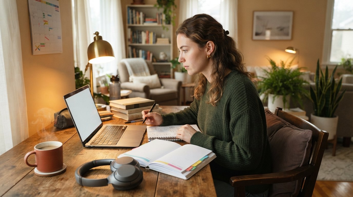 Young adult student at a wooden desk with a laptop, color-coded planner, wall calendar, coffee mug, textbooks, headphones,…
