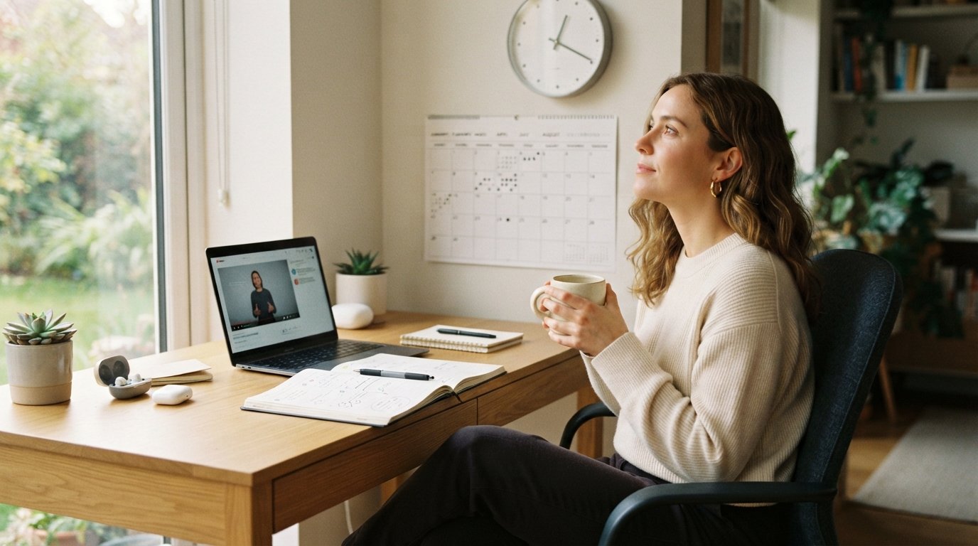 Young professional woman at a home desk balancing a video lecture on her laptop with a paper planner and coffee mug