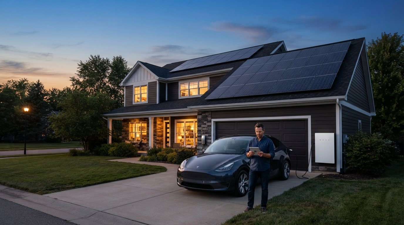 Suburban home at dusk with rooftop solar panels, wall-mounted home battery, and a man charging an electric car while…