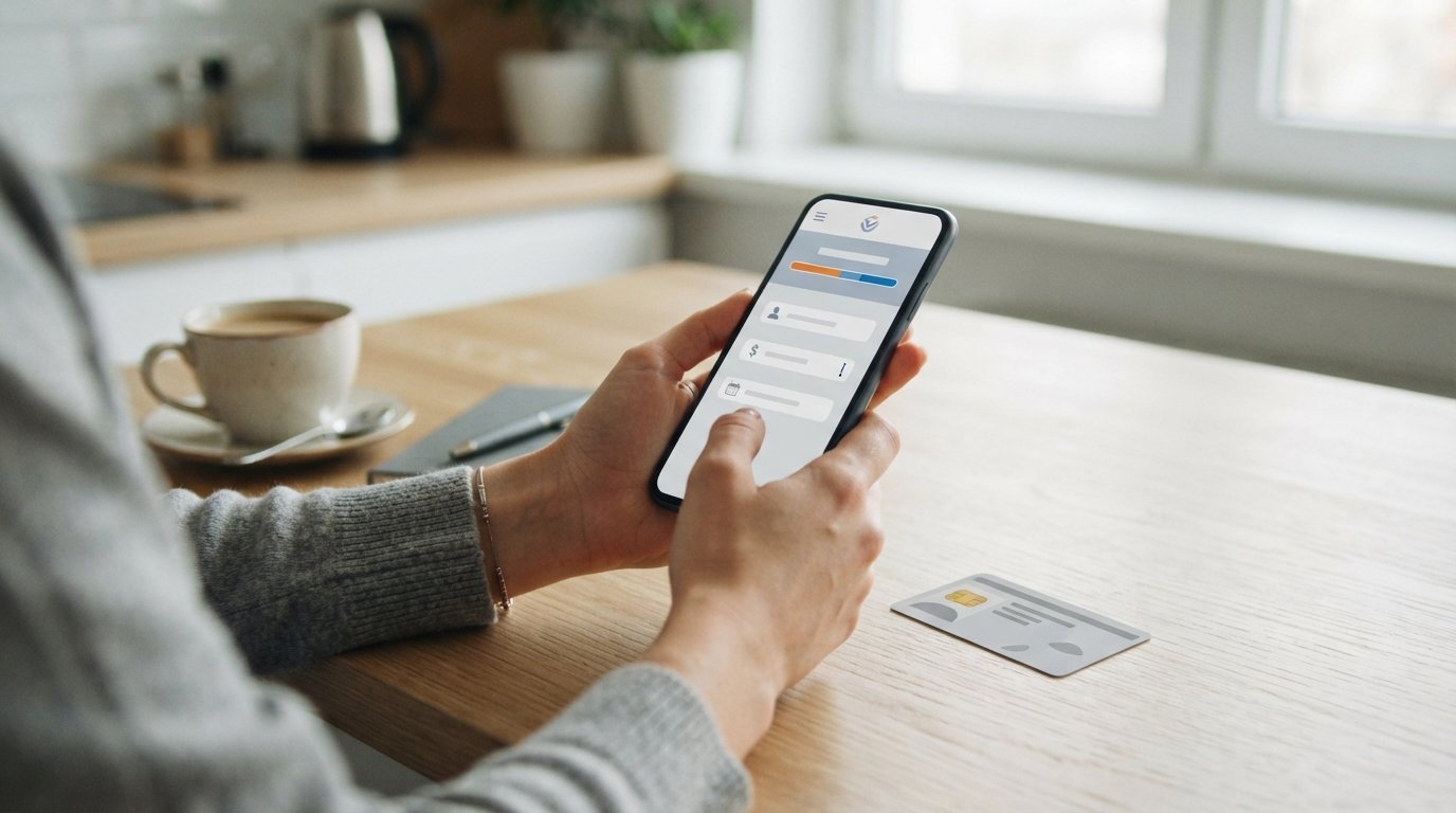 Hands holding a smartphone showing an abstract loan application form, beside an ID card, notebook, pen, and coffee on a…