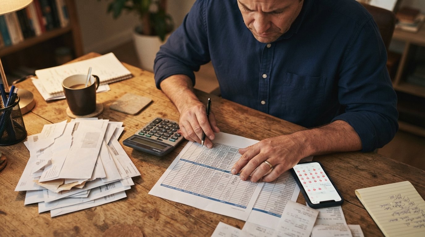Hands holding a printed loan spreadsheet with calculator, smartphone showing calendar alerts, and bill envelopes on a desk