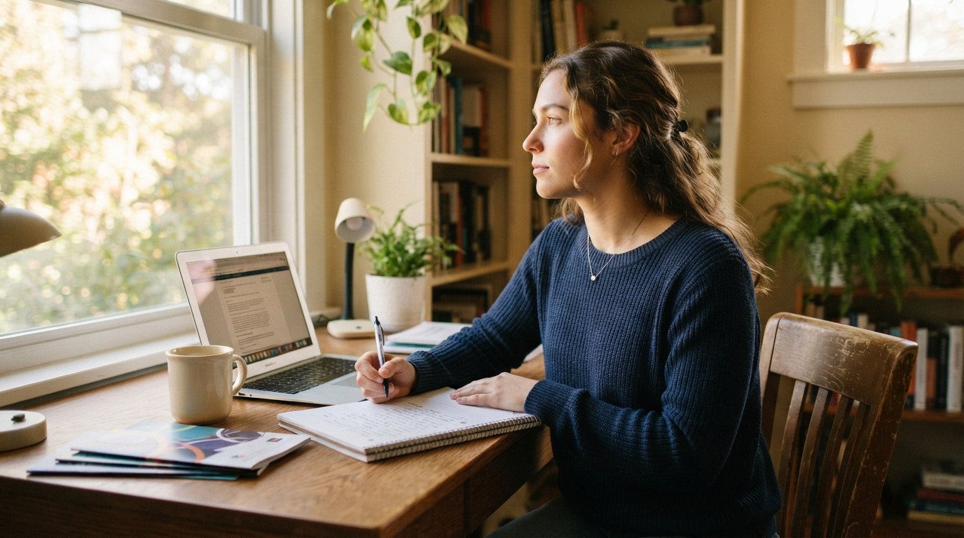 Student in a navy sweater writing in a spiral notebook at a wooden desk with a laptop, coffee mug, and college brochures,…