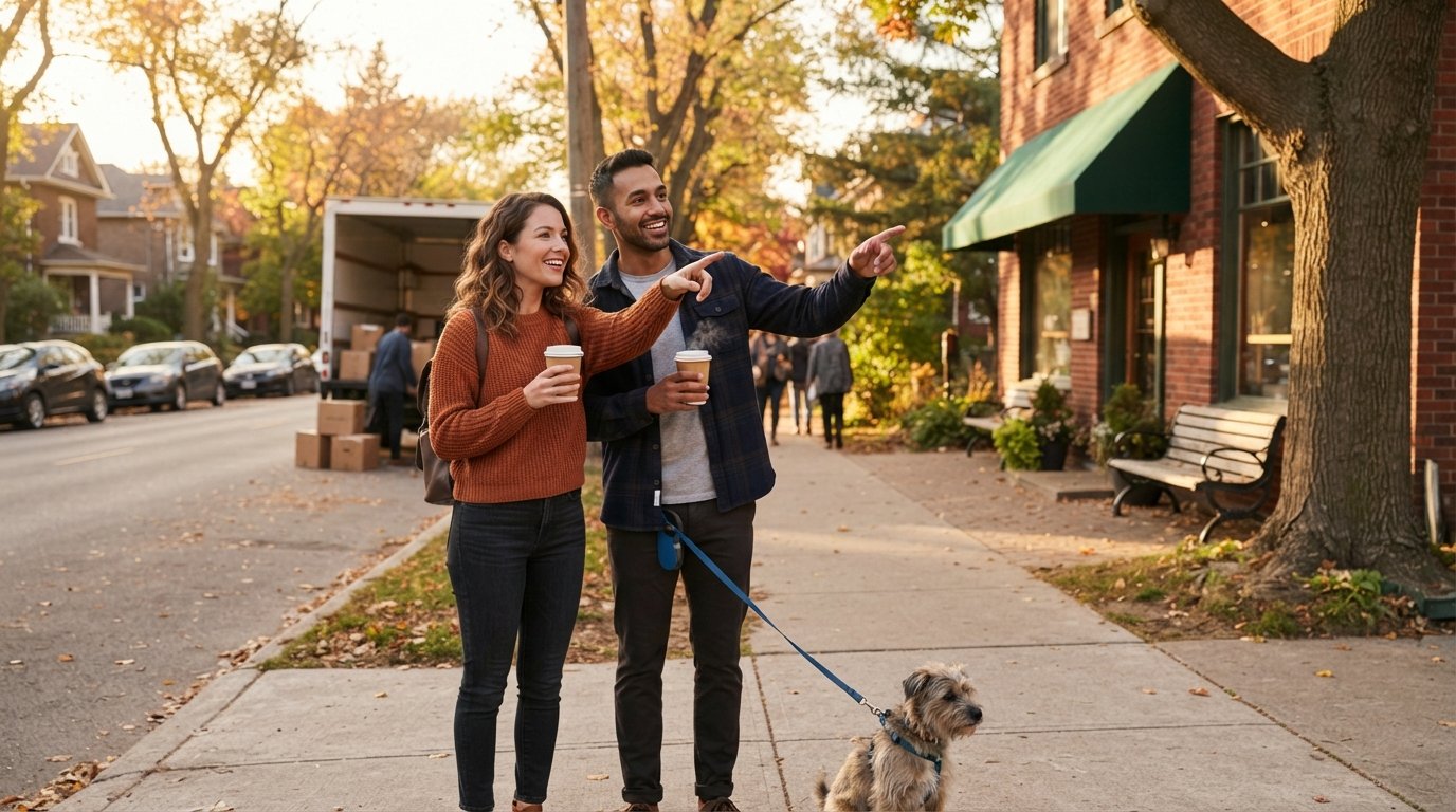 Young couple holding coffee cups on a sunny sidewalk, pointing at a red brick coffee shop with a green awning, moving truck…