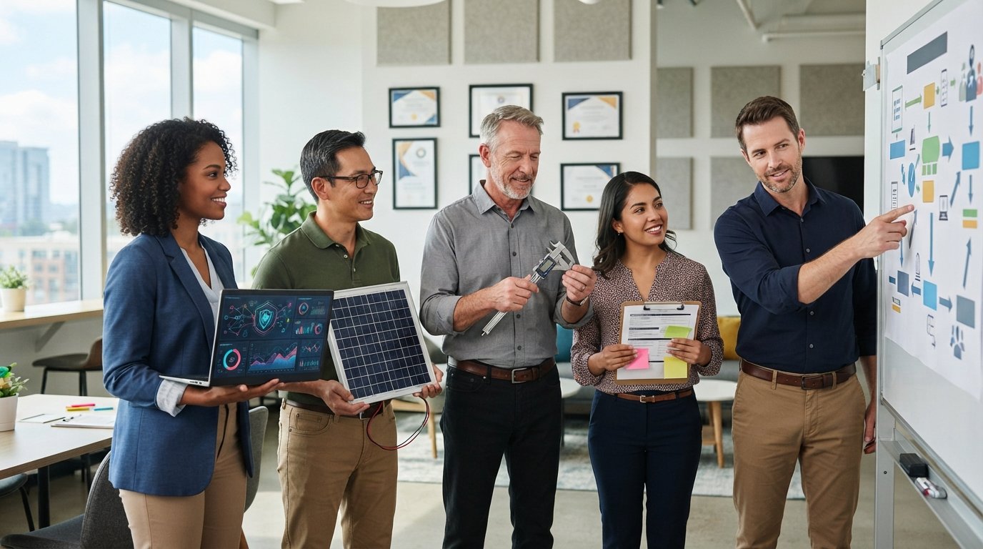 Four adults in business casual attire stand in a sunlit training center holding a cybersecurity laptop, solar panel…