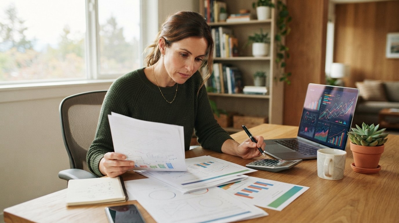 Person reviewing life insurance documents and quote printouts at a wooden desk with a laptop, calculator, pen, coffee mug,…