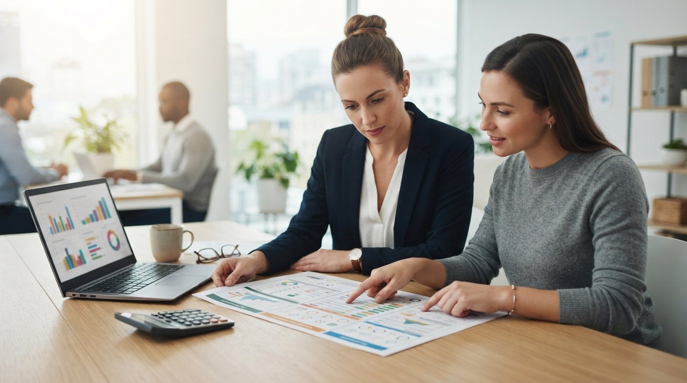 Two advisors at a light oak desk review a printed chart of four policy categories, with a laptop, calculator, glasses, and…