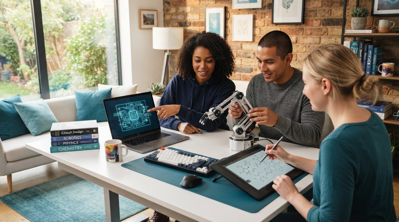 Three adult students collaborate around a white desk, reviewing a circuit board schematic on a laptop while a robotic arm…