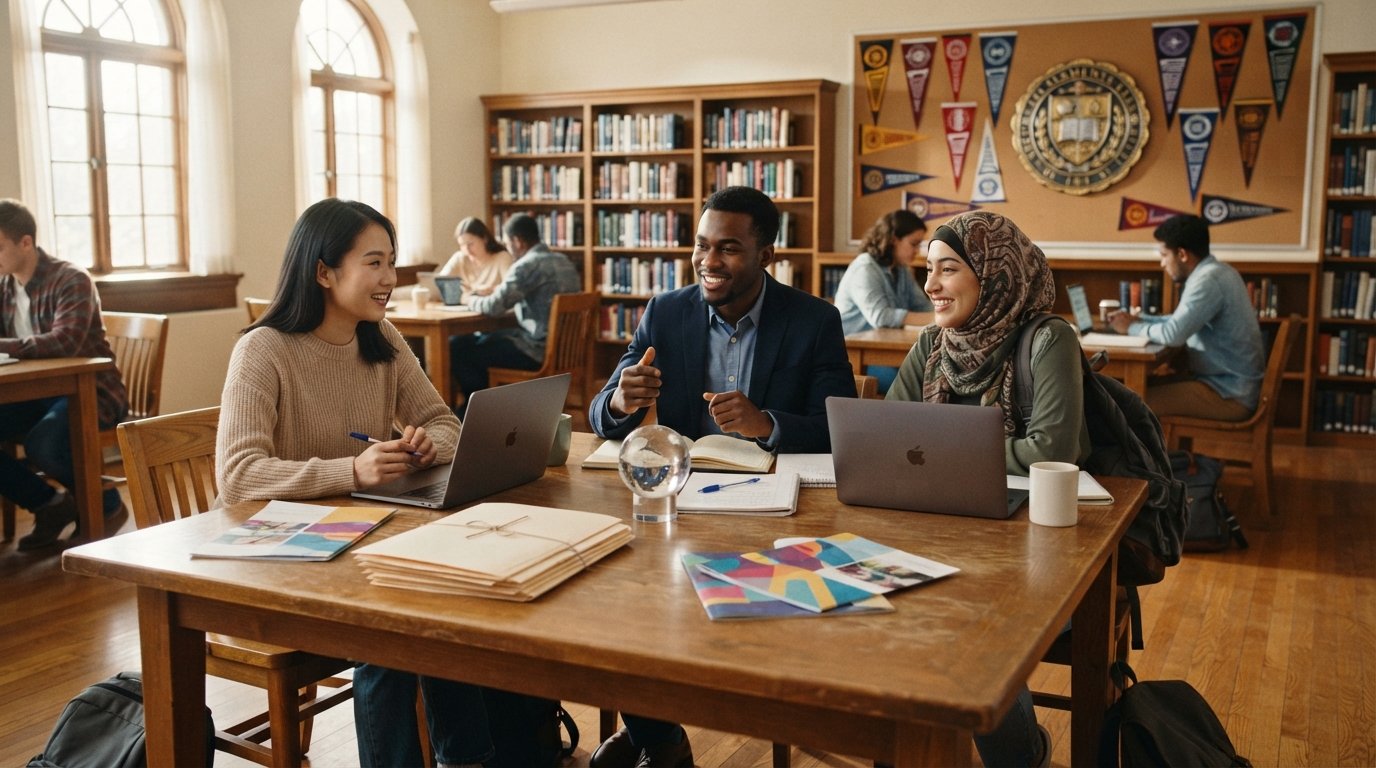 Three diverse international students smiling around a library table with laptops, scholarship folders, and a globe…