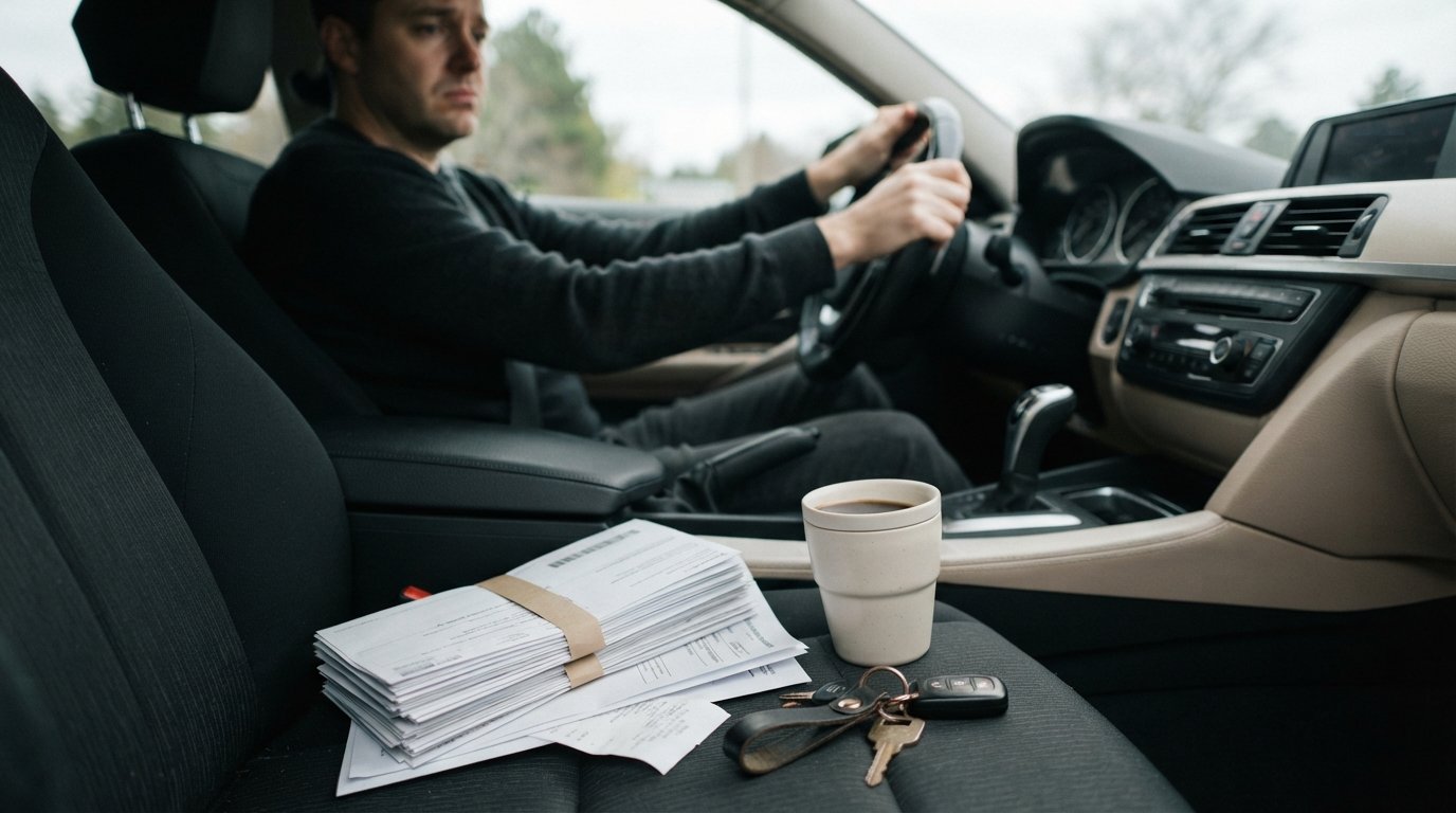 Car dashboard and center console with stacked bills, an insurance document, a fuel receipt, keys, and a coffee cup;…