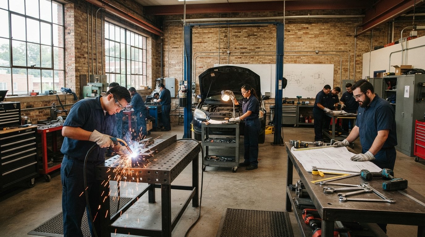 Adult students in navy uniforms and safety glasses weld, inspect an engine, and review blueprints in a bright workshop