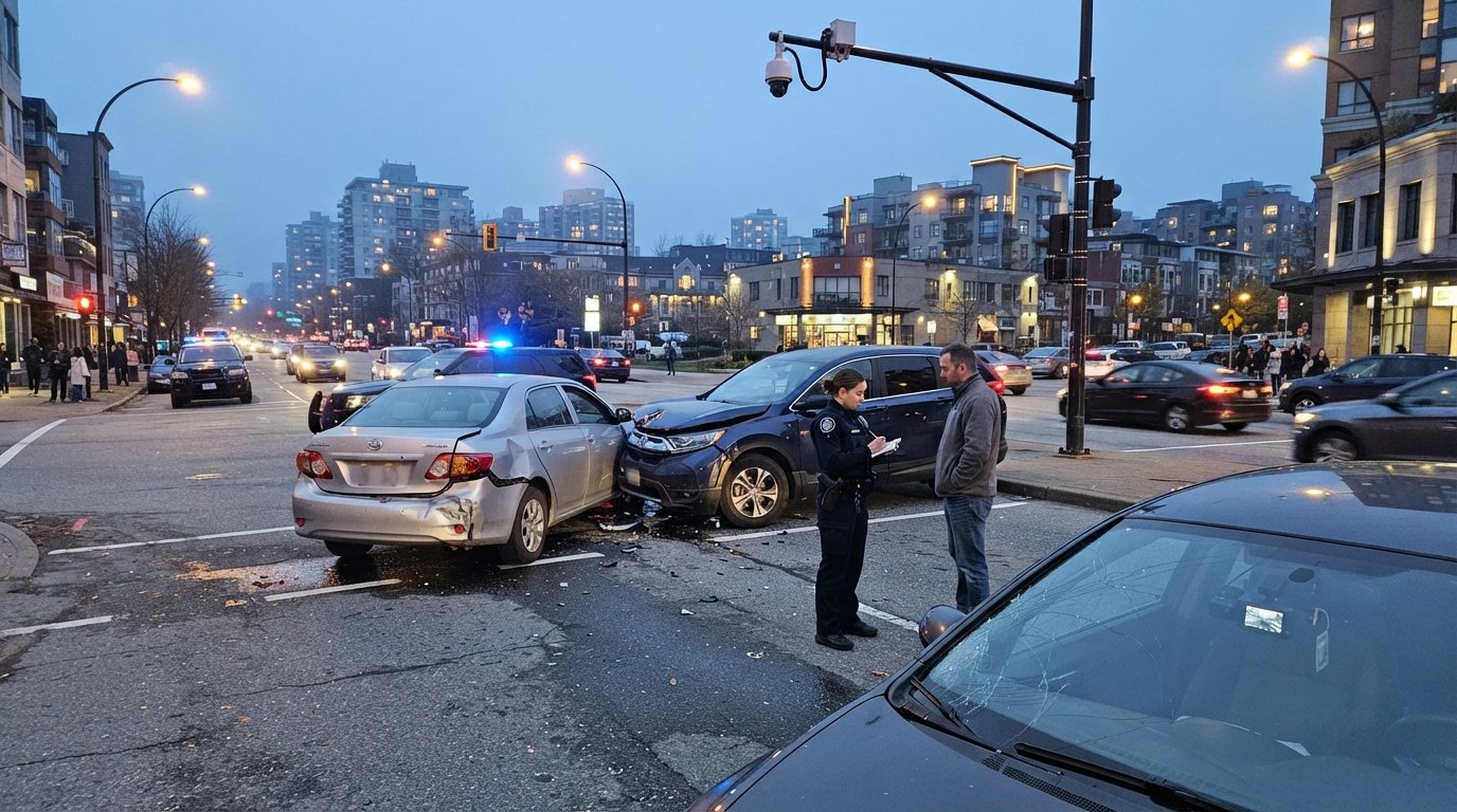 Damaged silver sedan and crumpled dark SUV stopped at a dusk intersection as an officer takes notes near a driver, with a…