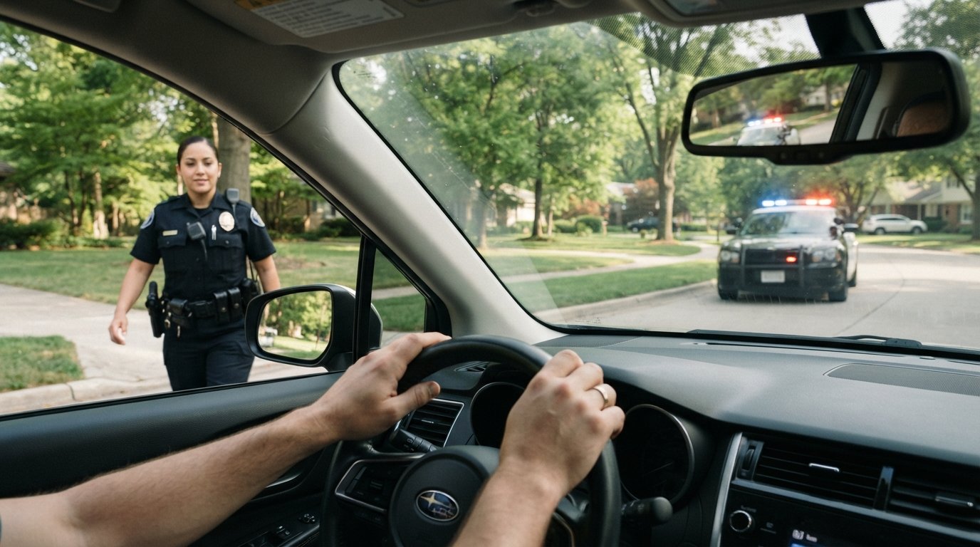 Driver's hands on the steering wheel, police cruiser with red and blue lights in the rearview mirror, officer approaching…